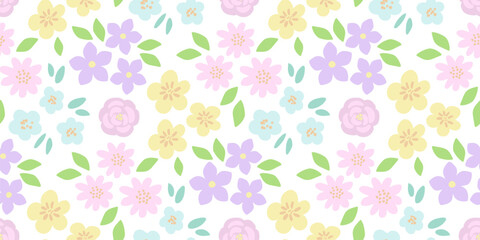Blooming flowers seamless pattern. Spring summer pastels background