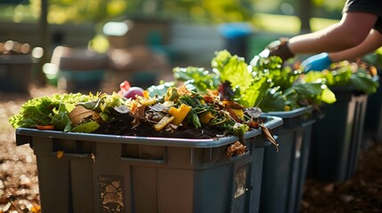 A bin filled with materials that comprise green waste, such as kitchen food wastes and plant trimmings. Organic biodegradable waste container, composting