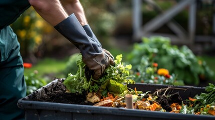 Fototapeta premium The hands of a man wearing long gloves put organic waste into a compost box