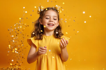 Cute little girl playing with confetti and smiling on yellow background