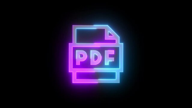 Neon PDF icon cyan purple color glowing animation black background