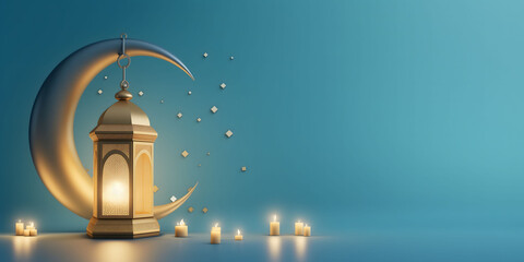 lantern with crescent moon blue eid background - obrazy, fototapety, plakaty