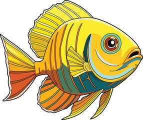 Colorful Tropical Fish With Prominent Fins Vector Illustration. Beautiful Gold Fish Vector. Cartoon Fish Illustration