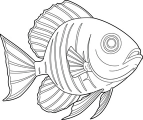 Black And White Line Drawing Of A Fish With Striped Patterns Vector Illustration. Black and White Cartoon Fish. Fish Coloring Page. 