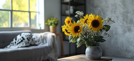 Sunflowers in vase brightening modern living room interior. Home decor and design.
