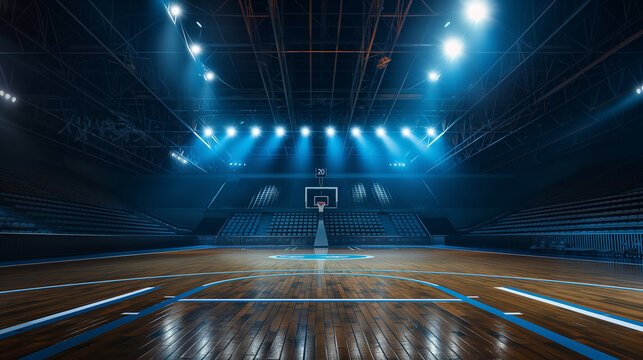 Empty basketball arena, stadium, sports ground with flashlights and fan sits