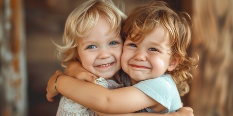 two cute toddlers hugging each other happy