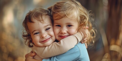 two cute toddlers hugging each other happy