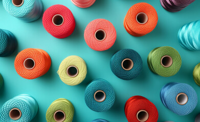 Fototapeta premium Colorful Array on Teal Background. Different Colorful Sewing Threads. 