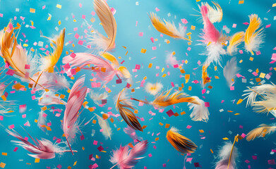 Fototapeta na wymiar Feathers and Confetti: A Burst of Color against Blue Canvas
