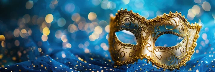 Rolgordijnen Elegant and delicate gold carnival mask over blue lights background. © Obsidian
