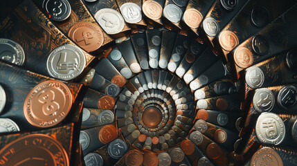 Ascending Wealth: Spiral Staircase of Coins - obrazy, fototapety, plakaty