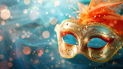 Gordijnen Venetian carnival mask with feathers and bokeh lights © Obsidian