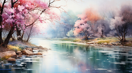 Tranquil watercolor scene of garden pond embraced by blossoming cherry trees, a serene and picturesque natural setting.