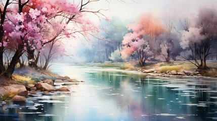 Zelfklevend Fotobehang Tranquil watercolor scene of garden pond embraced by blossoming cherry trees, a serene and picturesque natural setting. © NaphakStudio