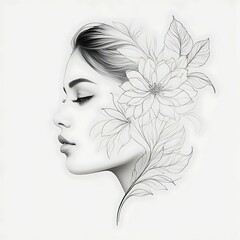 Abstract female face in one line. Woman face with flowers Surreal Line art female floral girl. Minimalism Abstract modern Continuous single line woman face portrait
