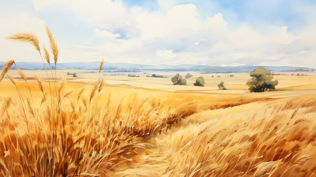 Serene watercolor scene of golden wheat fields swaying gently amidst distant mountains and lone tree, beneath a clear sky.