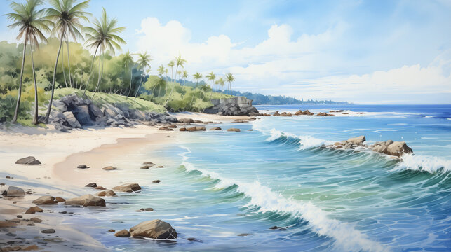 Idyllic sunset beach depicted in watercolor of palm-fringed shore, golden skies, and rolling ocean waves, a picturesque coastal landscape.