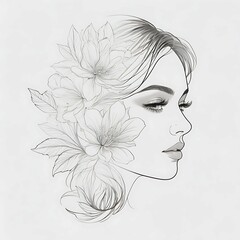 Abstract female face in one line. Woman face with flowers Surreal Line art female floral girl. Minimalism Abstract modern Continuous single line woman face portrait
