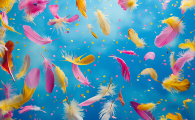 Feathers and Confetti: A Burst of Color against Blue Canvas
