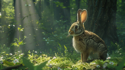 A cautious rabbit peers out from under the trees in the golden sunlight.
