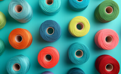 Fototapeta premium Colorful Array on Teal Background. Different Colorful Sewing Threads.