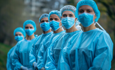 Surgeon Team in Protective Uniforms. Standing In Row And Looking At Camera.