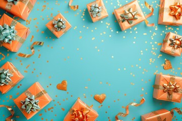 Orange Gift boxes and confetti on blue background. Flat lay, top view