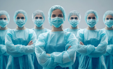 Surgeon Team in Protective Uniforms. Standing In Row And Looking At Camera. - Powered by Adobe