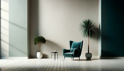 Minimalist Living Room with Blue Armchair and Indoor Plant
