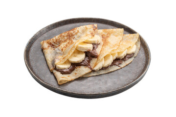 pancakes with banana and chocolate in a plate, cut out background