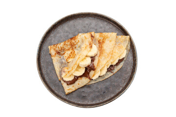 pancakes with banana and chocolate in a plate, cut out background