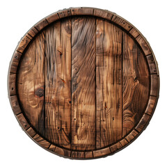 Wine barrel, top view. Old wooden barrel for storing wine close-up, isolated on a white or transparent background. Graphic design element on the theme of wine production. - obrazy, fototapety, plakaty
