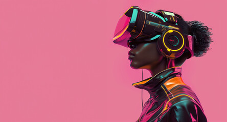 Futuristic african american woman with vr headset on pink background: side profile of a stylish black woman wearing a virtual reality headset against a vibrant pink backdrop with blank copy space - obrazy, fototapety, plakaty