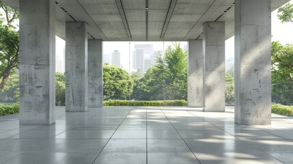 3D rendering. Empty space concrete room of hallway building with nature park background.AI generated