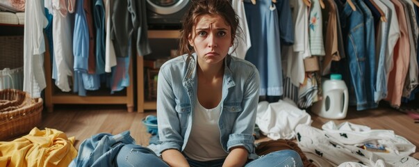 Overwhelmed young woman amidst laundry chaos at home. Stressed female with a pile of unwashed clothes around her. Home life reality with cluttered laundry and a worried young adult.