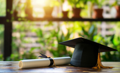 A graduation cap and diploma with a red ribbon on a table against a backdrop of bokeh lights. - Powered by Adobe