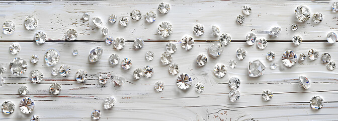 many diamonds on white wooden table background