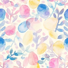 Fototapeta na wymiar Watercolor Easter eggs and foliage pattern. Pastel colored springtime watercolor art. Abstract Easter egg and leaf design in soft hues for fabric and textile