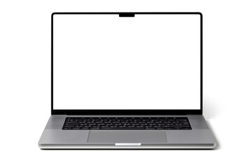 Open Macbook silver laptop by Apple isolated on white. Mackbook Pro 16  M1 chip 2021.