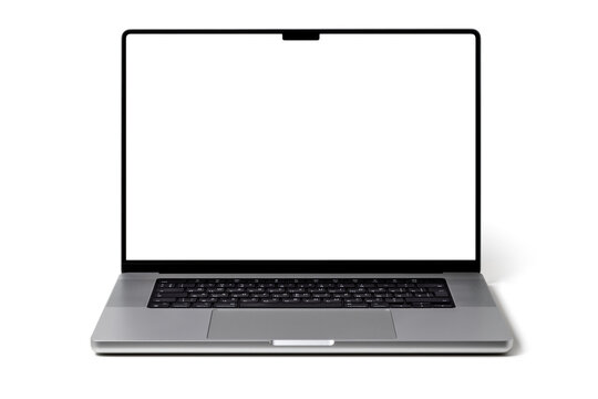 Open Macbook silver laptop by Apple isolated on white. Mackbook Pro 16  M1 chip 2021.