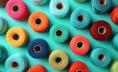 Colorful Array on Teal Background. Different Colorful Sewing Threads.