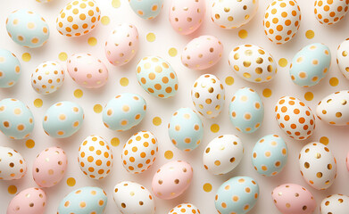 Fototapeta na wymiar Pastel & Gold Delights: Easter Egg Pattern Flat Lay