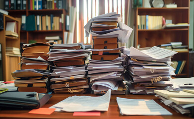 Fototapeta premium Piles of paperwork on a desk reflecting workload