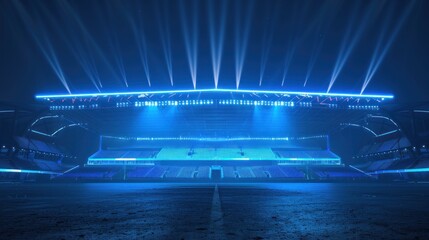 3D Illustration. Digital stadium with blue neon illuminated at night background. AI generated image