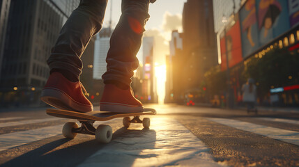 Urban Skating Scene: Close-Up on Legs and Skateboard of a Man Gliding Through the City, Capturing the Dynamic Energy of Urban Skateboarding Culture.