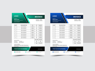 Corporate Invoice template design minimal  payment agreement form money accounting tax page. clean invoice, simple invoice document. With color variation Vector illustration.