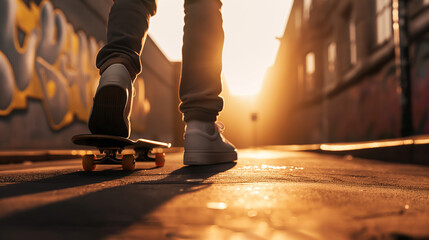 Urban Skating Scene: Close-Up on Legs and Skateboard of a Man Gliding Through the City, Capturing the Dynamic Energy of Urban Skateboarding Culture.