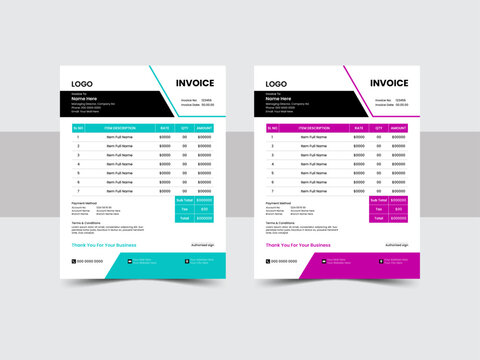 Invoice minimal design template. Bill form business invoice accounting. Modern and creative design. Two color invoice template and vector illustration.