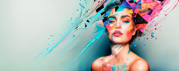 Portrait of a beautiful young woman with creative make-up and abstract painting. - obrazy, fototapety, plakaty
